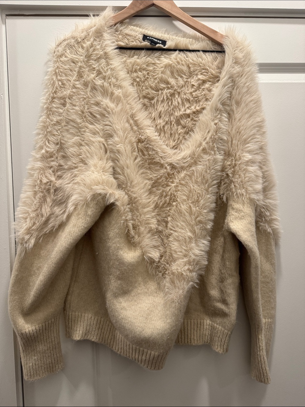 Faux-Fur Trim V-Neck Sweater - Cream